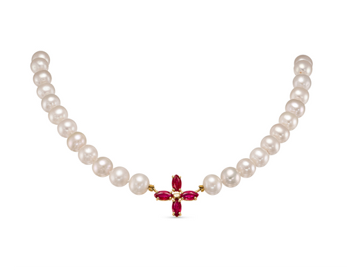 Pearls and Ruby Flower Necklaces